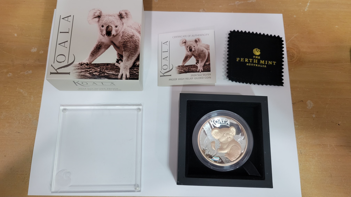 Australian Koala 2024 5oz Silver Proof High Relief Gilded Coin