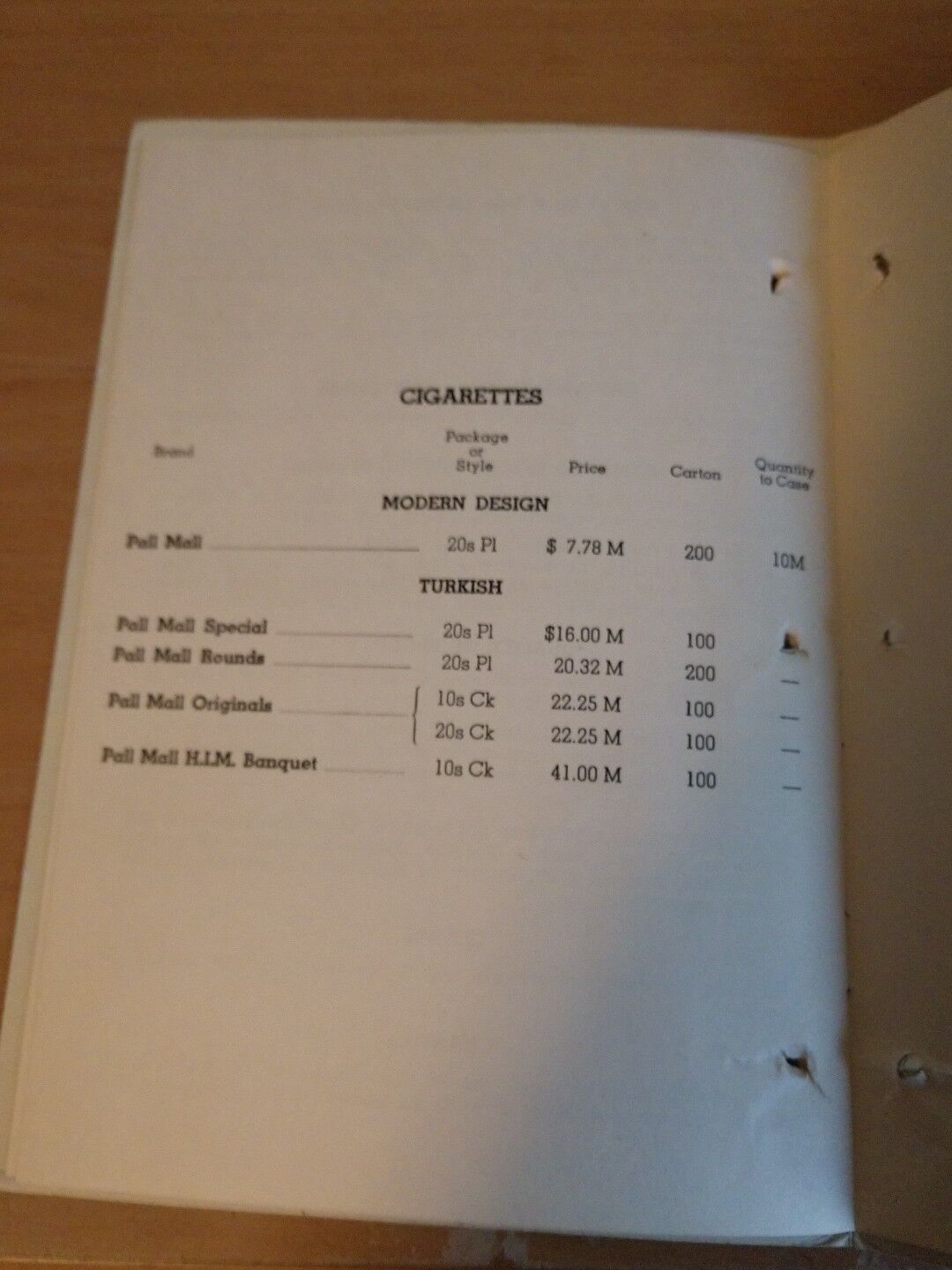 1949 Pall Mall Famous Cigarettes Price list from American Cigarette and Cigar