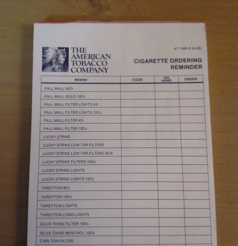 The American Tobacco Co Cigarette Ordering Reminder Pad From 06/1989