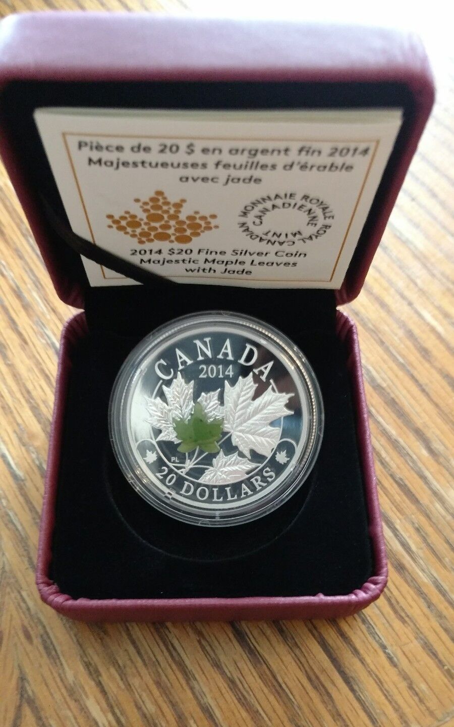 2014 $20 RCM Canadian Proof Majestic Maple Leaves Jade Inlay 5500