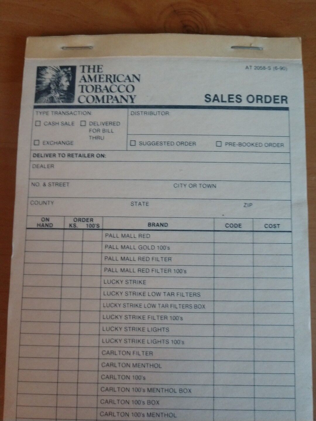 The American Tobacco Company Retail Sales Order Booklet from 06/1990