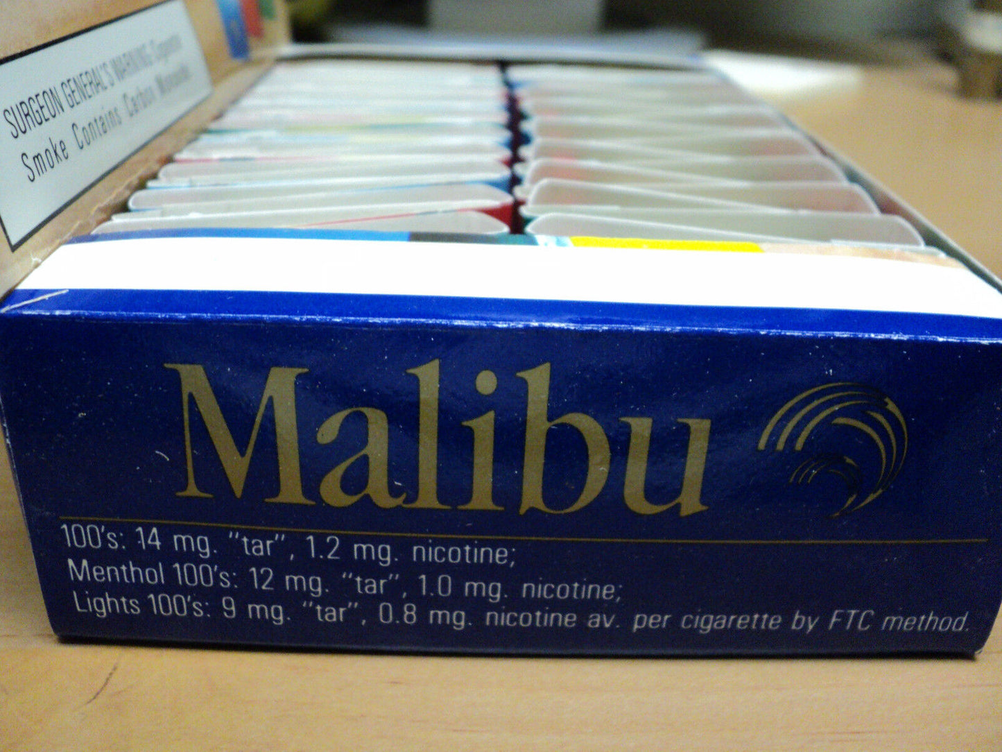 Box Counter Display With  47 Malibu Cigarette matchbooks.