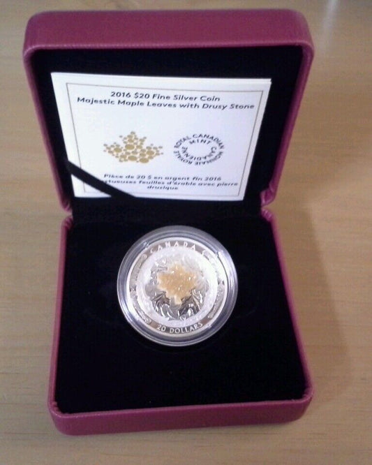 1 oz. Silver Majestic Maple Leaves With Drusy Stone  Mintage: 4,000 2016 Canada