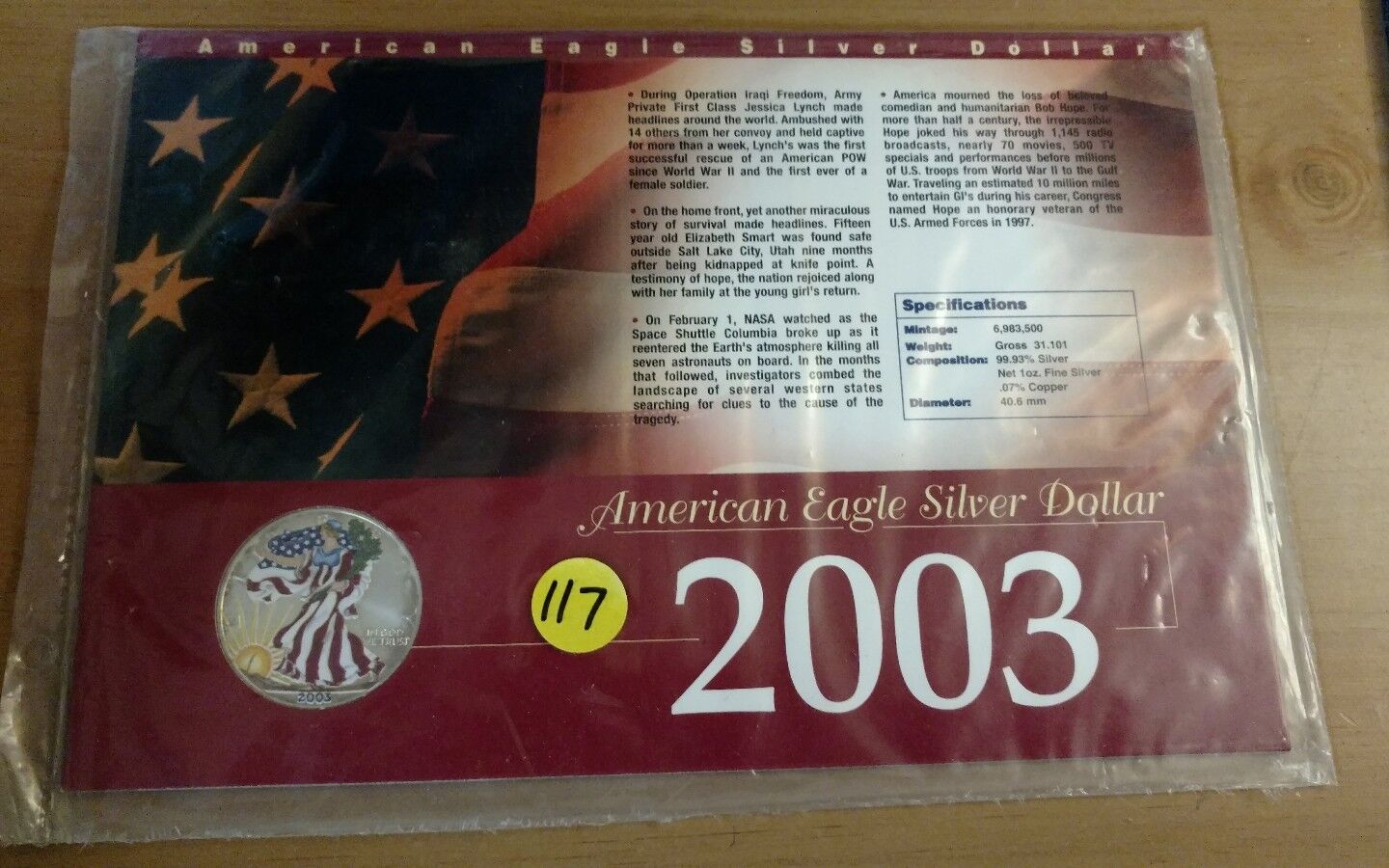 2003 Painted American Eagle Silver Dollar in Collectors Card