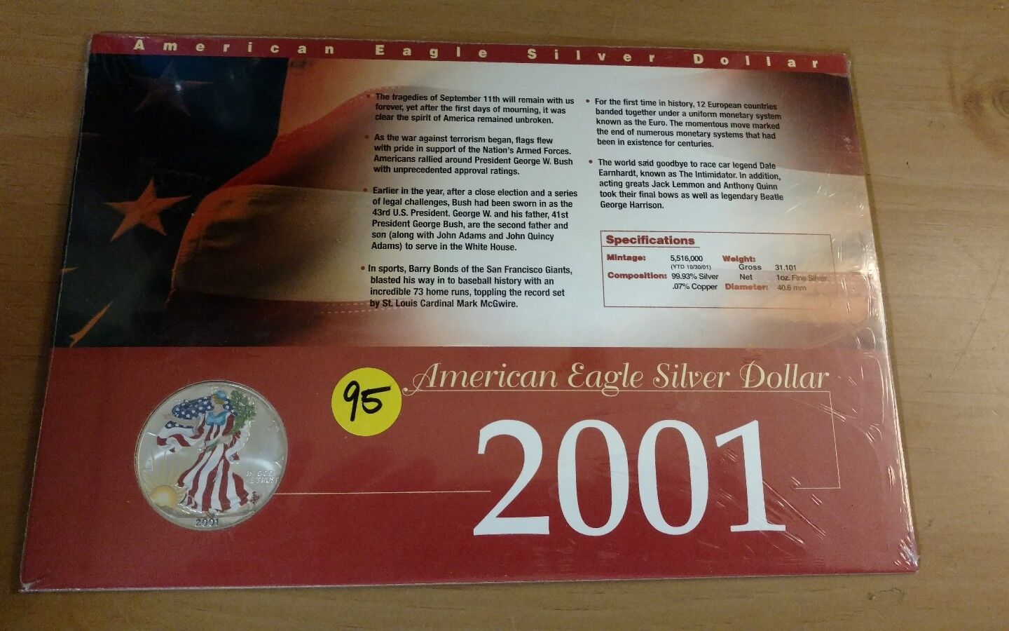 2001 Painted American Eagle Silver Dollar in Collectors Card