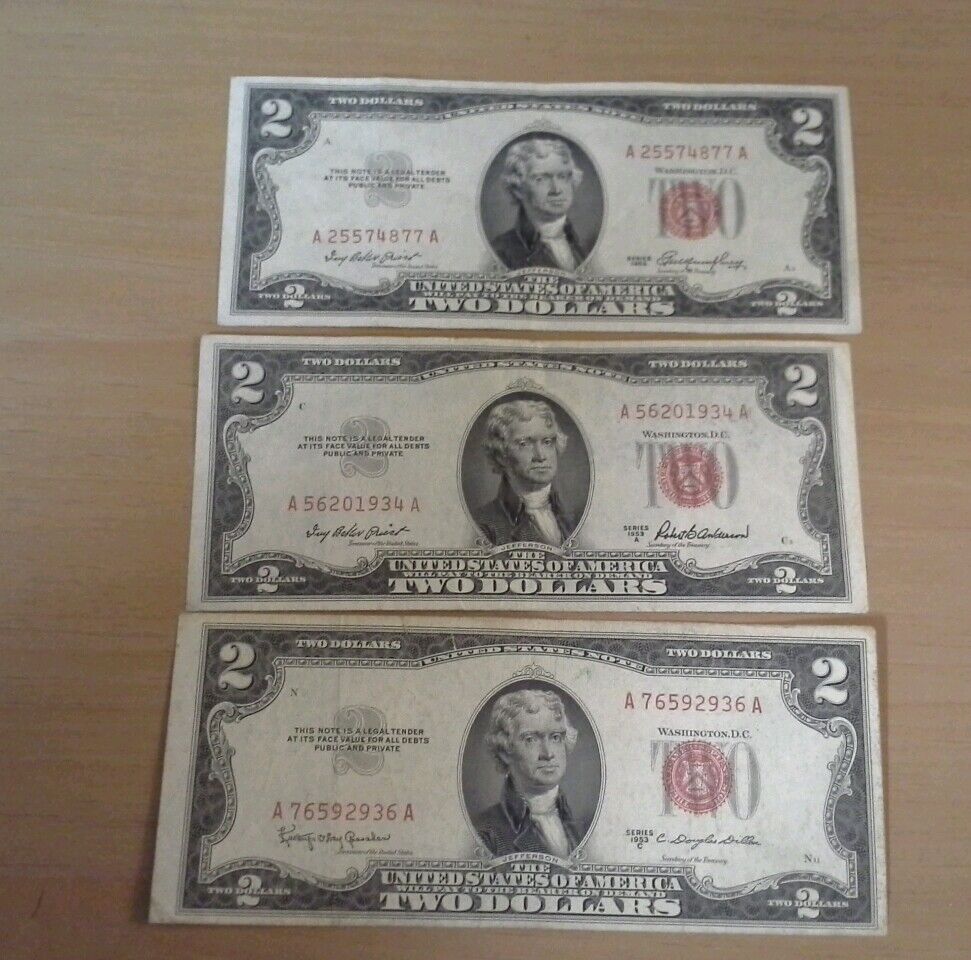 Lot of 6 1953 Red Seal Two Dollar U.S.Notes