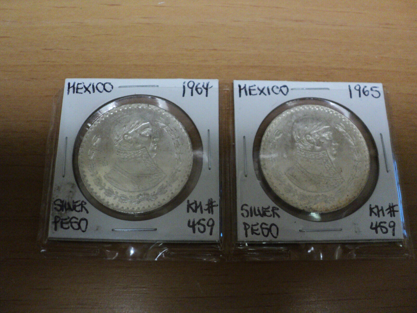 Set Of Two Mexico Silver Pesos 1964 and 1965