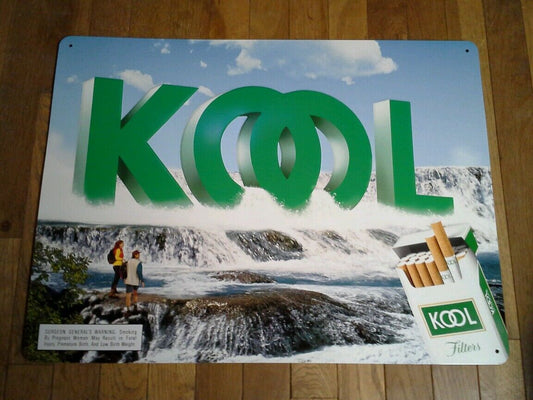 1997 Kool Cigarettes Metal Sign Waterfall w Hikers 18" X 24"