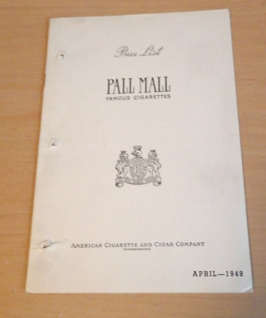 1949 Pall Mall Famous Cigarettes Price list from American Cigarette and Cigar