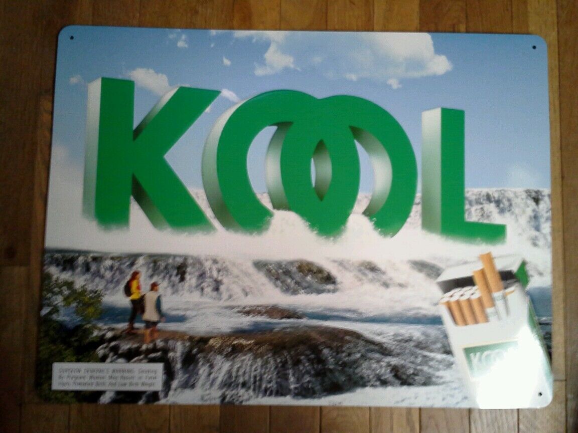 1997 Kool Cigarettes Metal Sign Waterfall w Hikers 18" X 24"