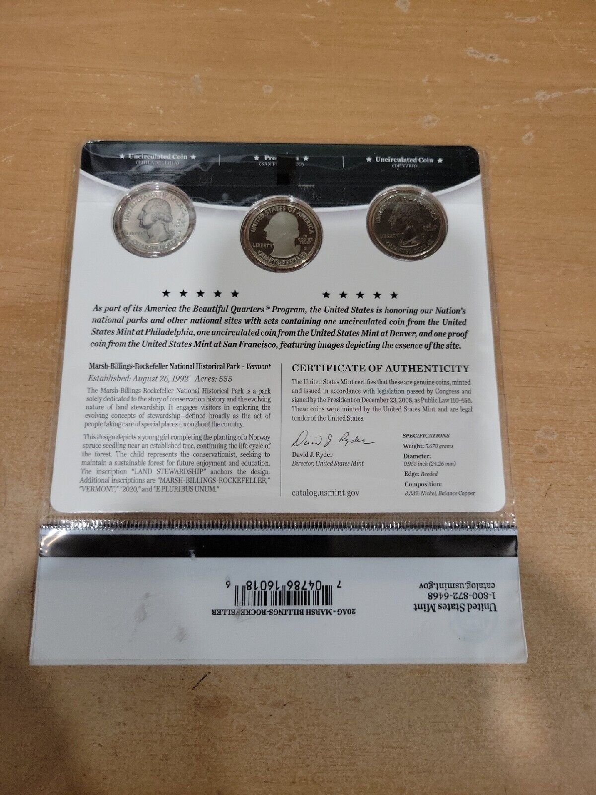 America The Beautiful Quarters 3 Coin Set Marsh-Billings-Rockefeller