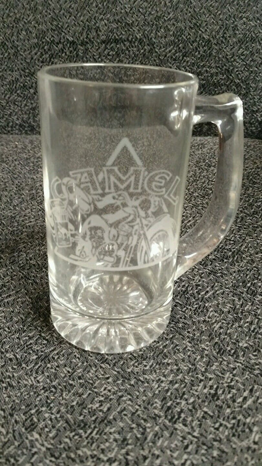 Camel Cigarettes Joe Camel on a Motorcycle Etched glass Mug