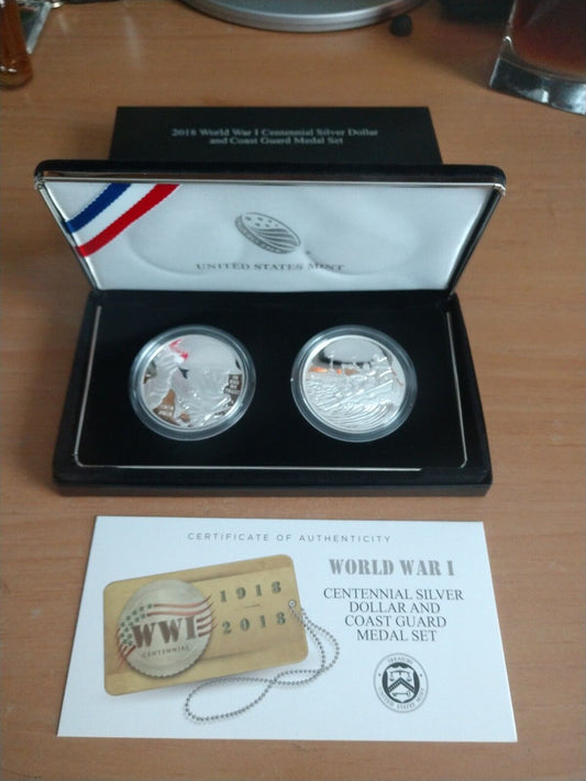 World War I Centennial 2018 Silver Dollar and Coast Guard Medal Set