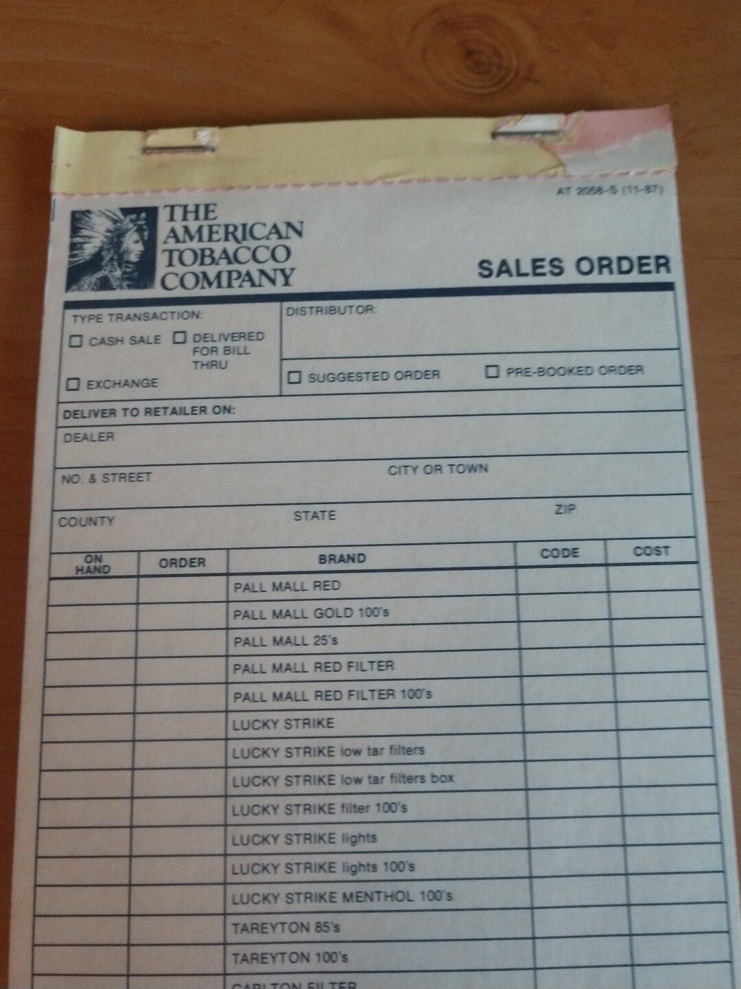 The American Tobacco Company Retail Sales Order Booklet from 11/1987