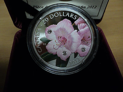 2012 Canadian $20 Dollar Rhododendron Fine Silver Coin W/Crystals