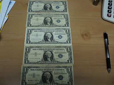 Lot Of Five 1957A Blue Seal Silver Certificates Circulated